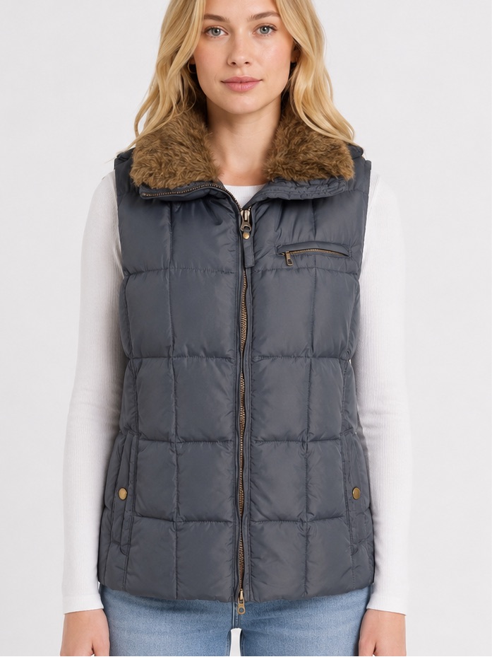 Lands' End Quilted Down Vest, Faux Fur Collar Pockets Dark Gray Size Large